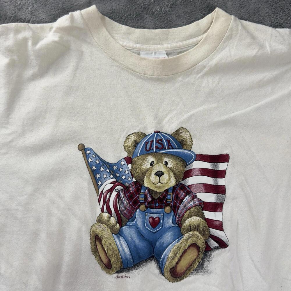 Vintage 90s Teddy Bear T Shirt Men’s‎ XL Single Stitch Made In USA Flag American